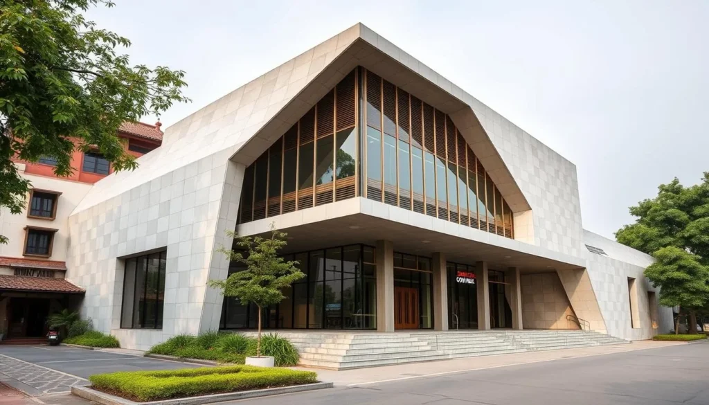 Generate an image of the Dong Nai Museum's exterior, showcasing its modern architecture amidst the historical surroundings.