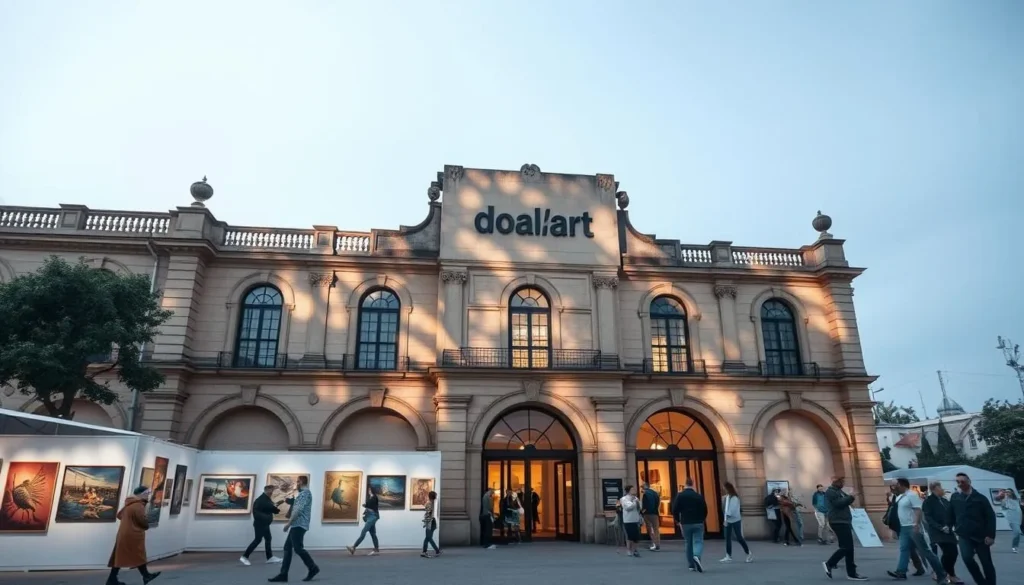 Generate an image of the Doual'art Exhibition Centre, showcasing its historic building and vibrant art exhibitions.