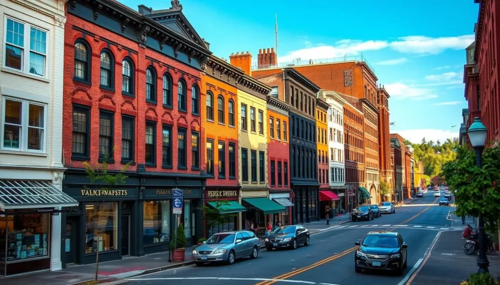 Generate an image of the Downtown Historic District in Manchester, NH, highlighting its historic buildings and charming streets.