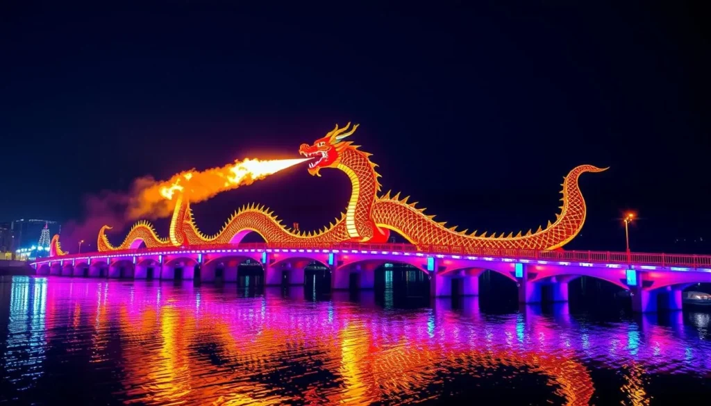 Generate an image of the Dragon Bridge in Da Nang, Vietnam, breathing fire and water at night.