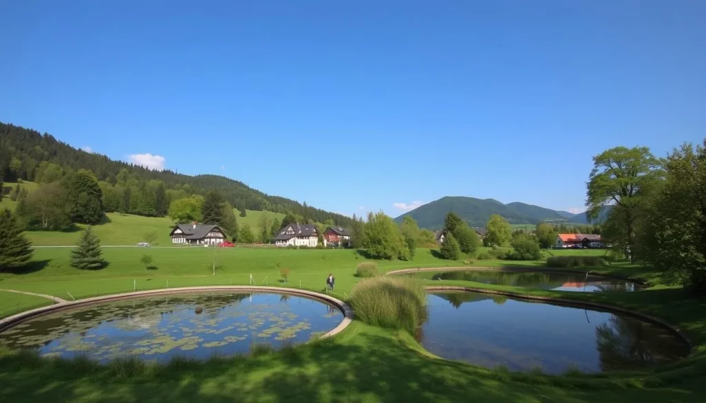Generate an image of the Drei Weieren in St. Gallen, showcasing its serene ponds and surrounding landscape.
