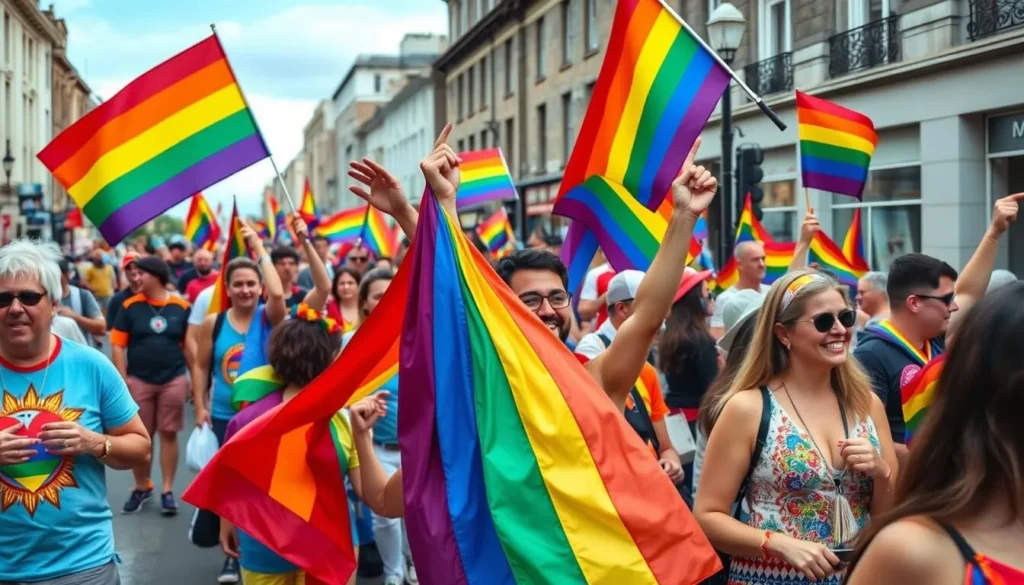 Generate an image of the Dublin Pride Festival parade with rainbow flags and joyful participants.