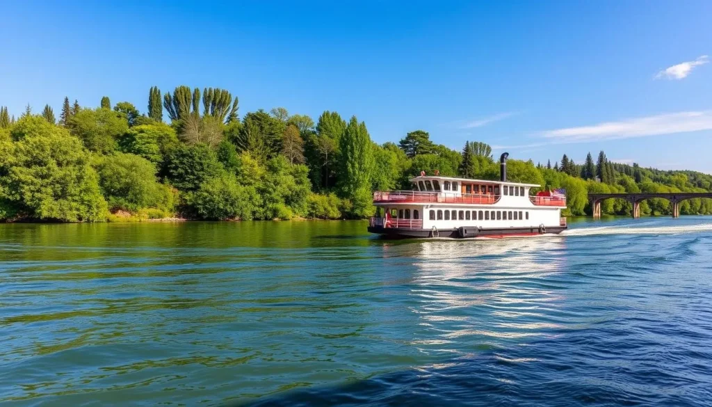 Generate an image of the Edmonton Riverboat cruising on the North Saskatchewan River.