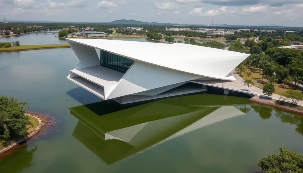 Generate an image of the Elevated Museum of Villahermosa (MUSEVI) with its sleek, modern architecture and the surrounding lakes.