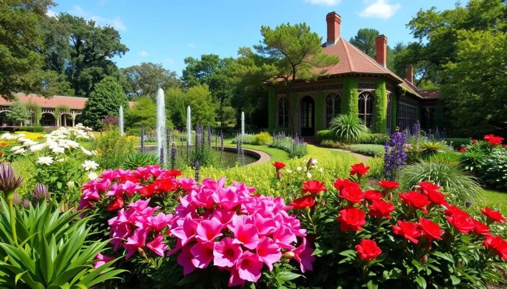 Generate an image of the Elizabethan Gardens on Roanoke Island, showcasing its beautiful flora and historical elements.