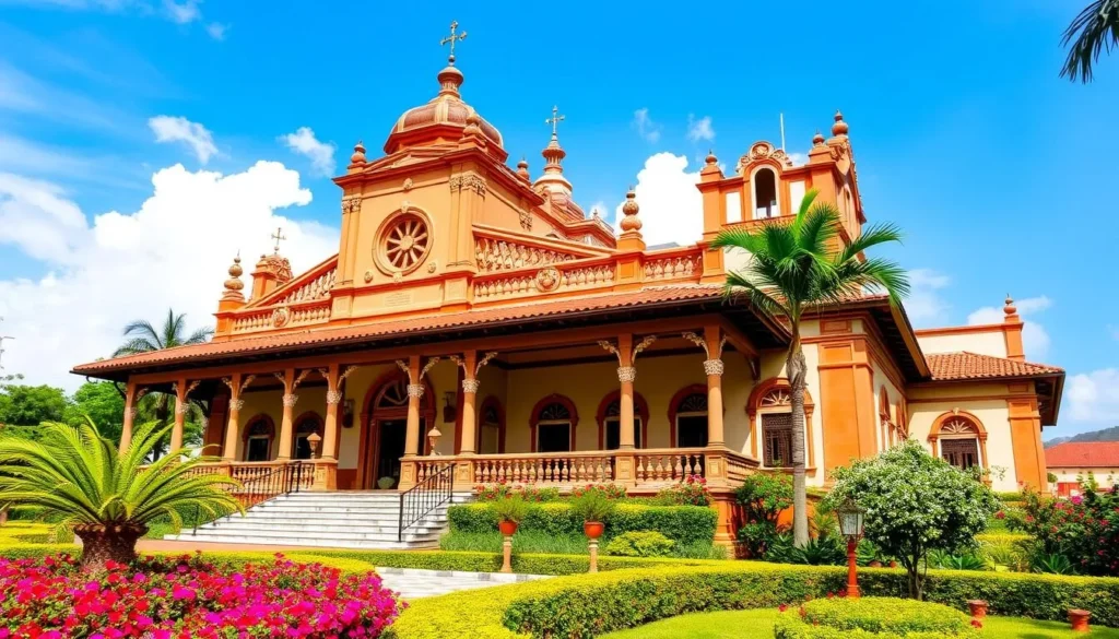 Generate an image of the Emilio Aguinaldo Shrine, showcasing its Spanish colonial architecture and surrounding gardens.