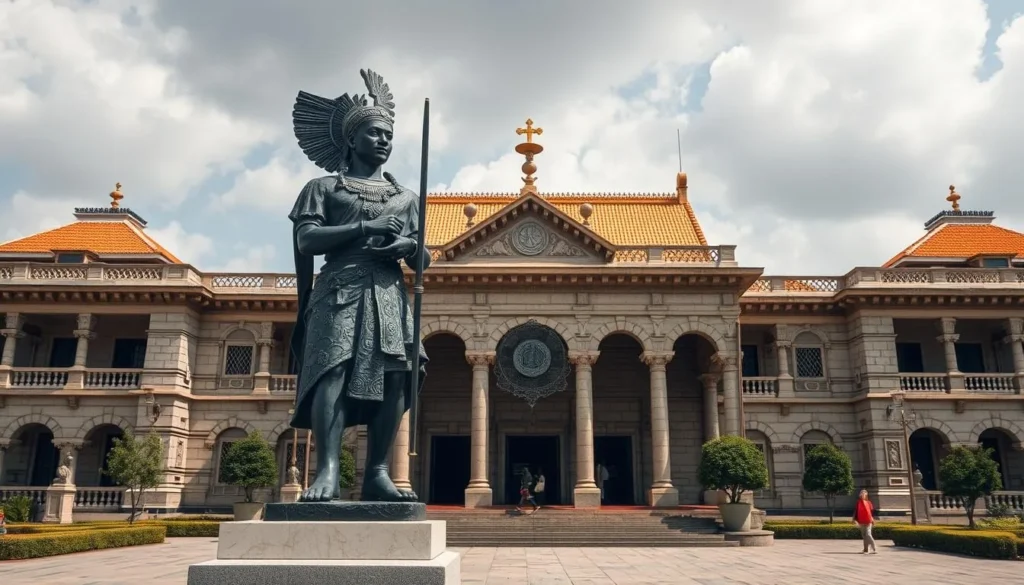 Generate an image of the Emotan statue in front of the Oba's palace in Benin City.