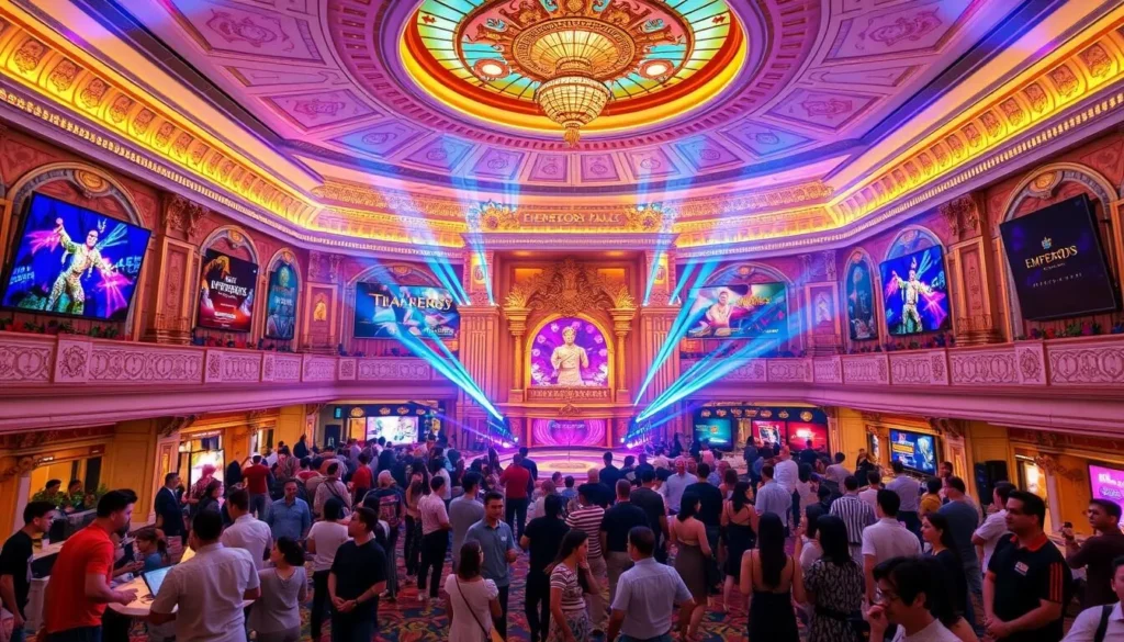 Generate an image of the Emperors Palace Entertainment Complex, highlighting its luxurious amenities and lively atmosphere.