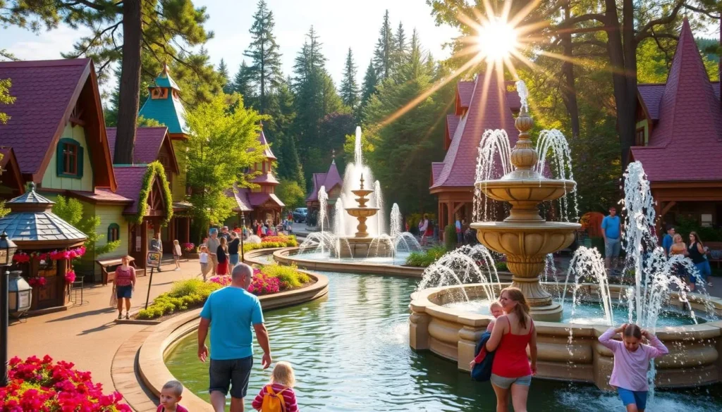 Generate an image of the Enchanted Forest Theme Park in Turner, Oregon, featuring its Storybook Lane and Fantasy Fountains.