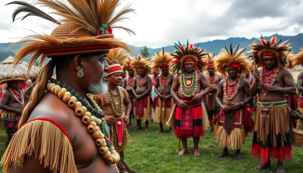 Generate an image of the Enga Cultural Show in Papua New Guinea, showcasing Highland traditions.
