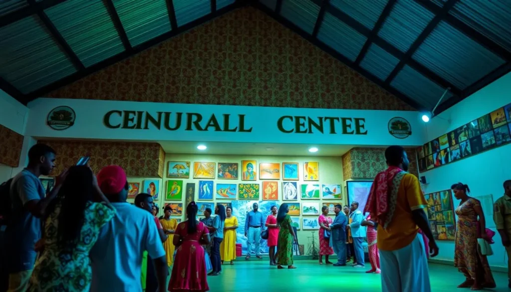 Generate an image of the Enugu State Cultural Center, showing a cultural performance or art exhibition.
