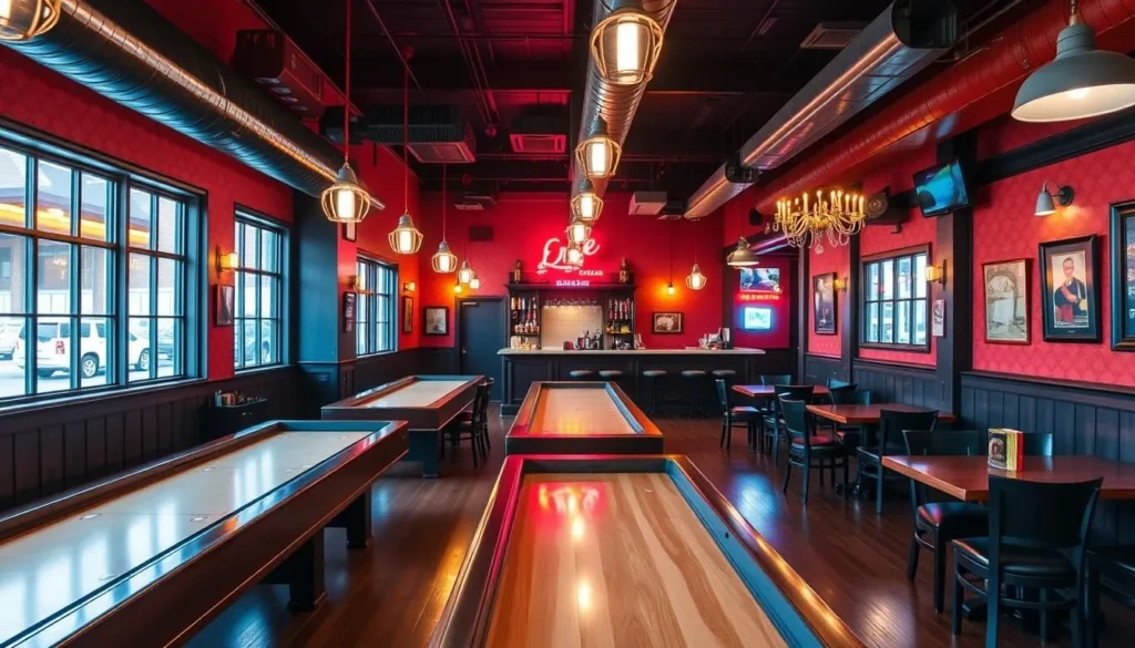 Generate an image of the Erie Social Club Shuffleboard Club and Bar's interior, showcasing its shuffleboard tables and casual dining area.