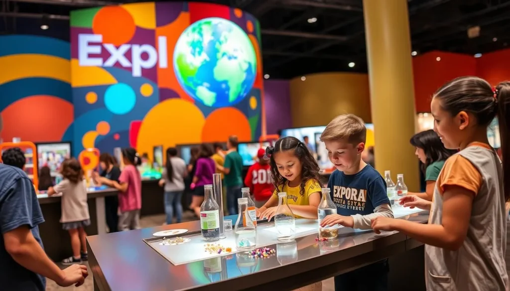 Generate an image of the Explora Science Center's interactive exhibit hall with children engaging in hands-on experiments.