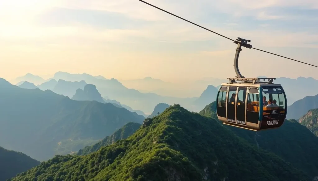 Generate an image of the Fansipan cable car soaring above the mountains