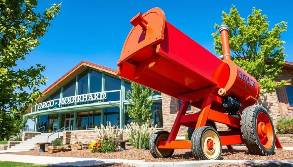 Generate an image of the Fargo-Moorhead Visitor Center with the replica woodchipper outside.