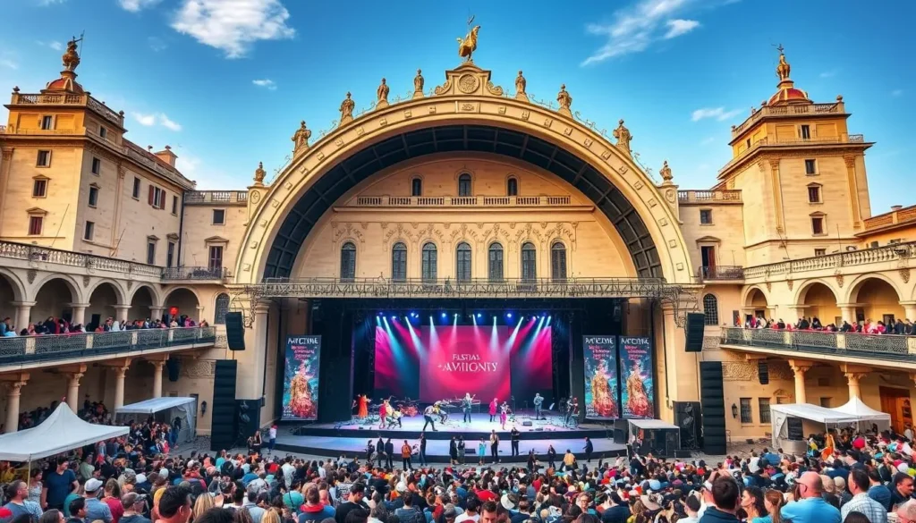 Generate an image of the Festival d'Avignon's main stage at the Palais des Papes.