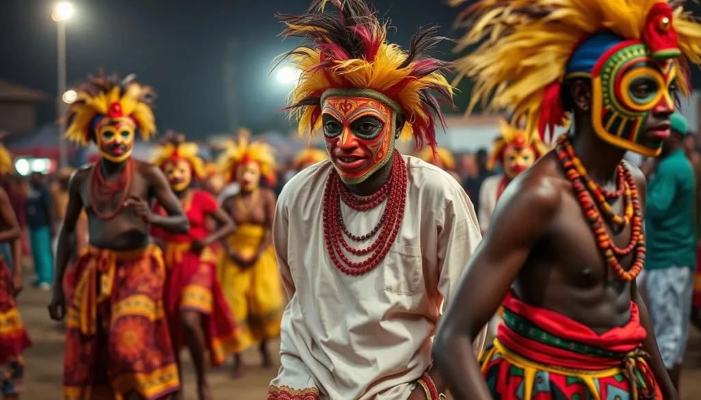 Generate an image of the Fête des Ignames celebration in Bouaké, Ivory Coast, showcasing traditional dancing and masked performances.