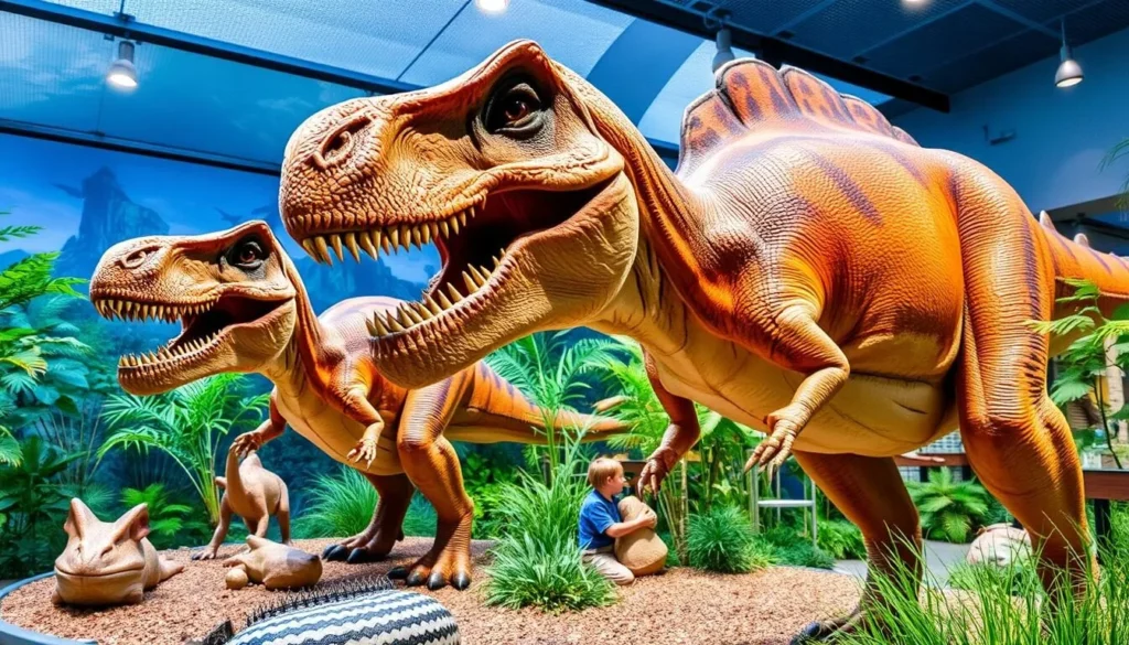 Generate an image of the Field Station: Dinosaurs exhibit with life-sized animatronic dinosaurs.