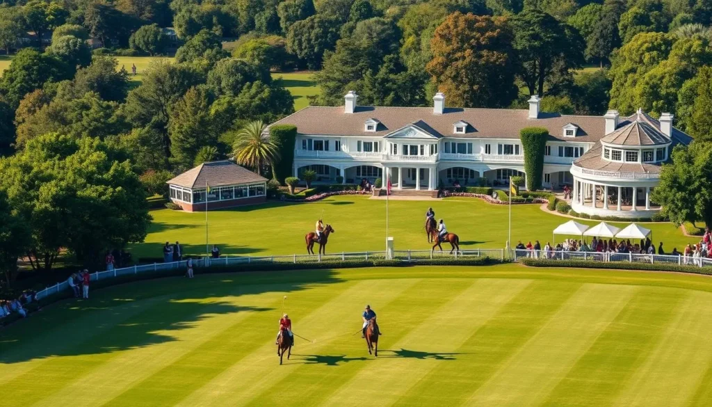 Generate an image of the Fifth Chukker Polo and Country Club, showcasing its luxurious facilities and polo fields.
