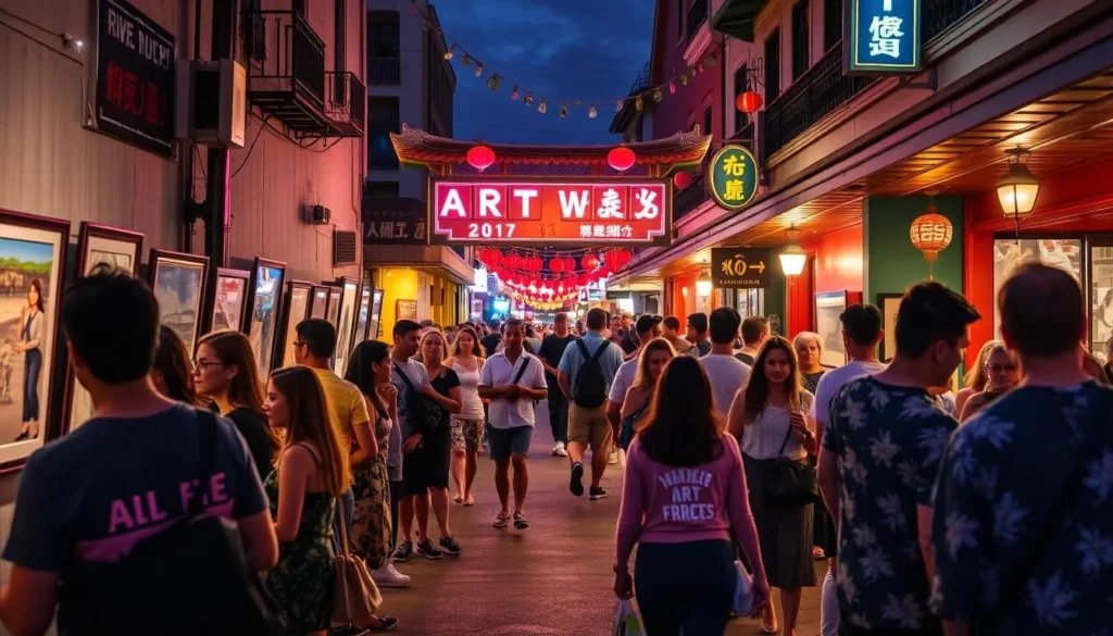 Generate an image of the First Friday Art Walk in Honolulu's Chinatown, capturing the vibrant atmosphere with people admiring local artwork and enjoying live music.