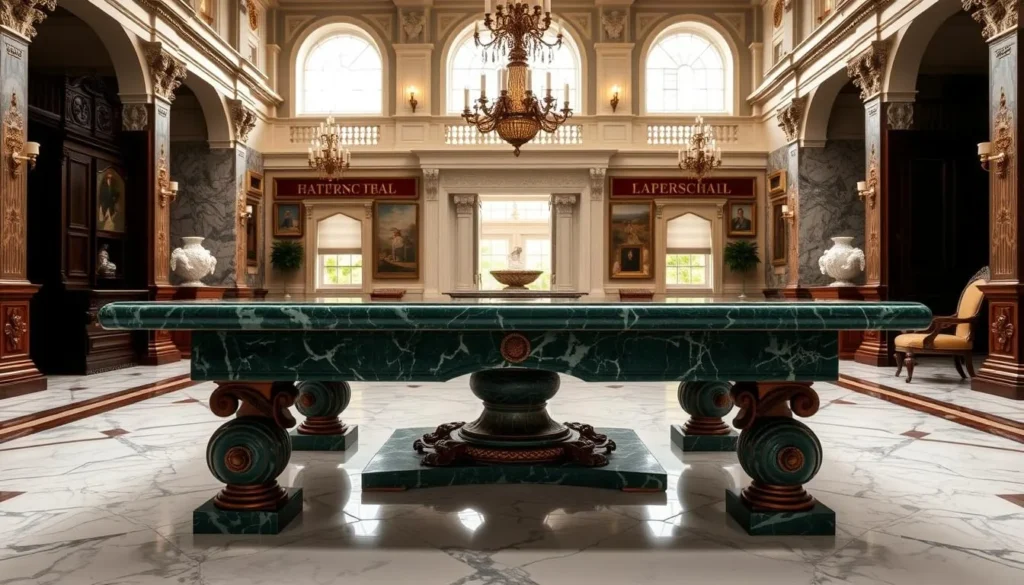 Generate an image of the Flagler Museum's grand Marble Hall with its enormous green Russian-marble table.