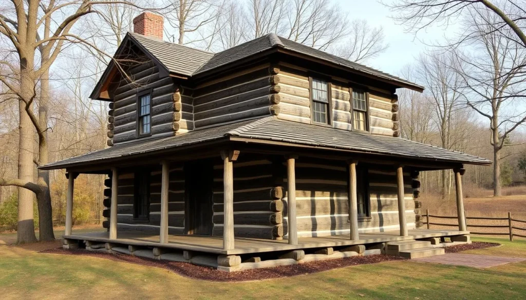 Generate an image of the Fletcher House, a well-preserved two-story log house built in the mid-19th century.