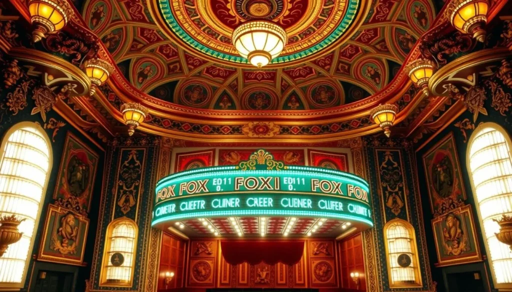 Generate an image of the Fox Theater's ornate interior, highlighting its Art Deco details and lively atmosphere.