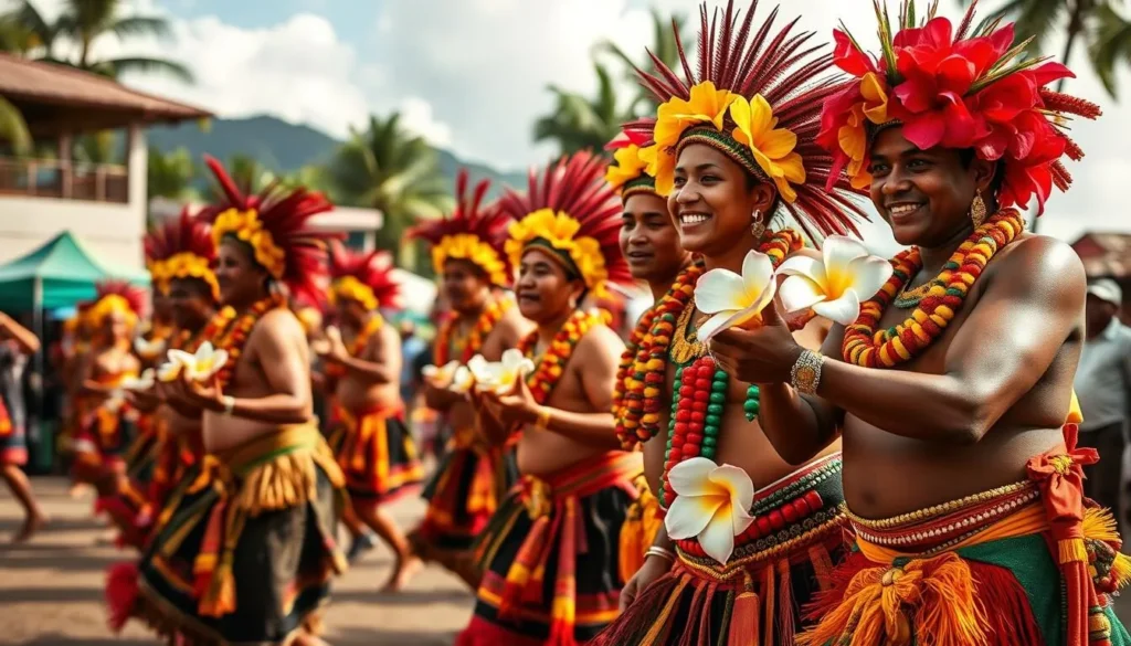 Generate an image of the Frangipani Festival in Rabaul, Papua New Guinea, showcasing vibrant cultural performances and traditional dances.
