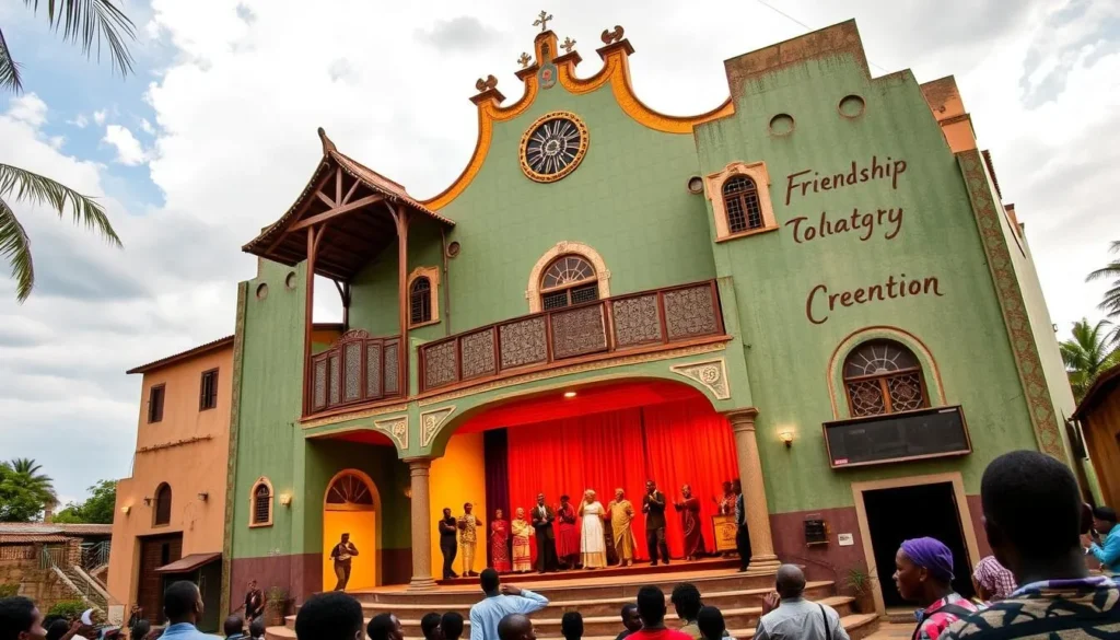 Generate an image of the Friendship Theatre in Bobo-Dioulasso, showcasing its unique architecture and cultural performances.