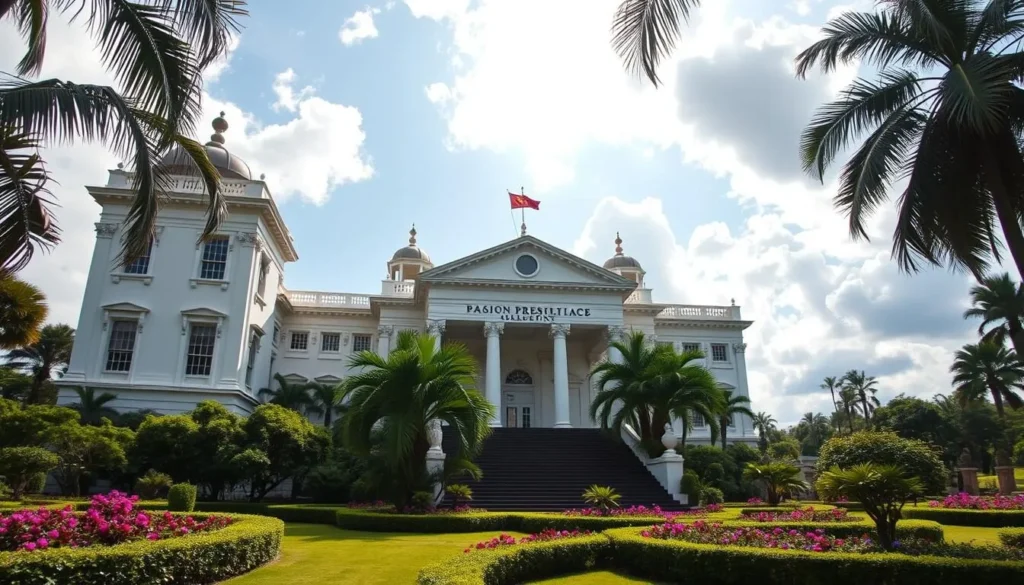 Generate an image of the Gabon Presidential Palace with its grand architecture and lush gardens.