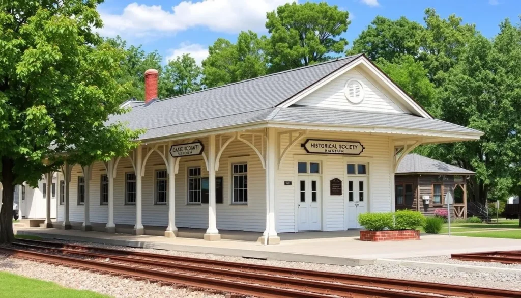 Generate an image of the Gage County Historical Society Museum, a beautifully preserved 1906 Burlington Northern Railroad depot.