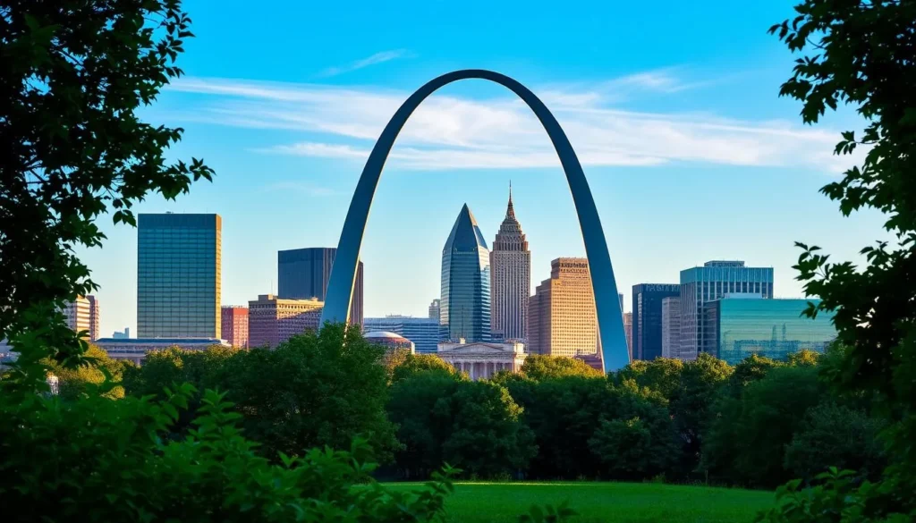 Generate an image of the Gateway Arch National Park with the iconic Gateway Arch in the center, surrounded by the cityscape of downtown St. Louis.
