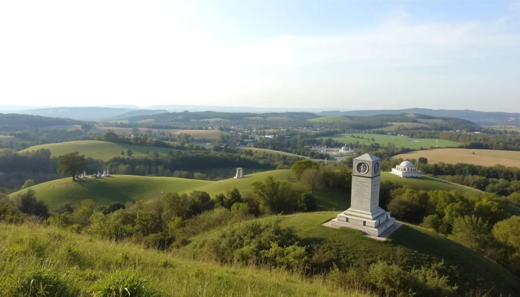 Generate an image of the Gettysburg National Military Park landscape with monuments.