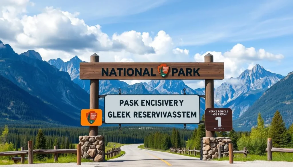 Generate an image of the Glacier National Park entrance with a sign indicating the vehicle reservation system. Generate an image of the Glacier National Park entrance with a sign indicating the vehicle reservation system.