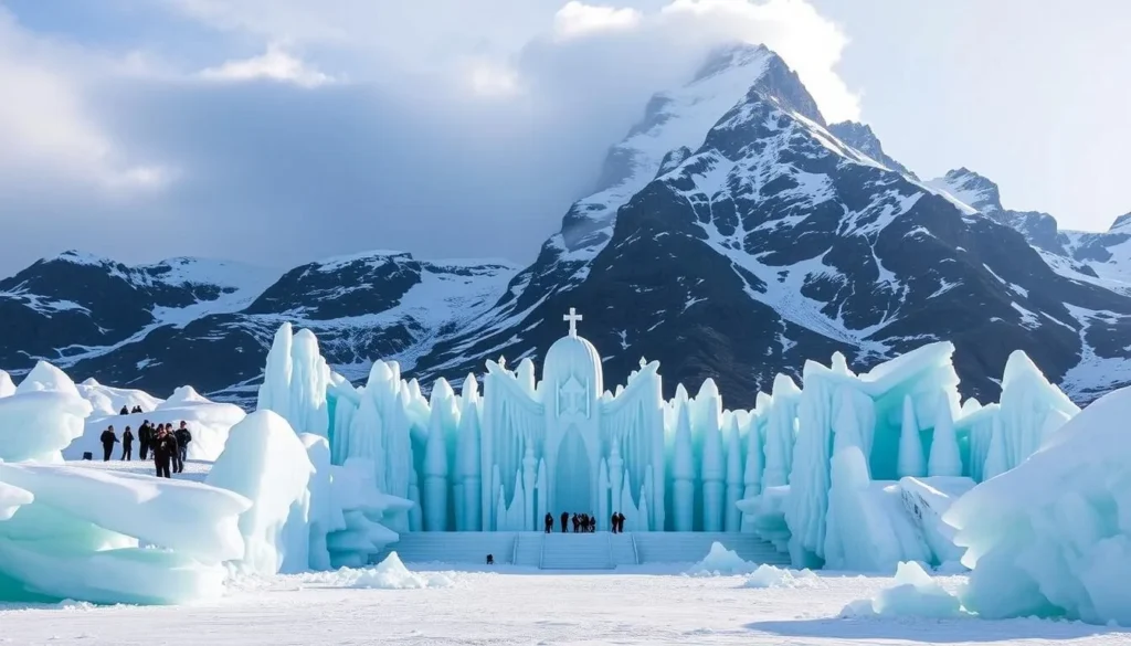 Generate an image of the Glacier Palace at Klein Matterhorn, showcasing its breathtaking ice sculptures and glacial surroundings.