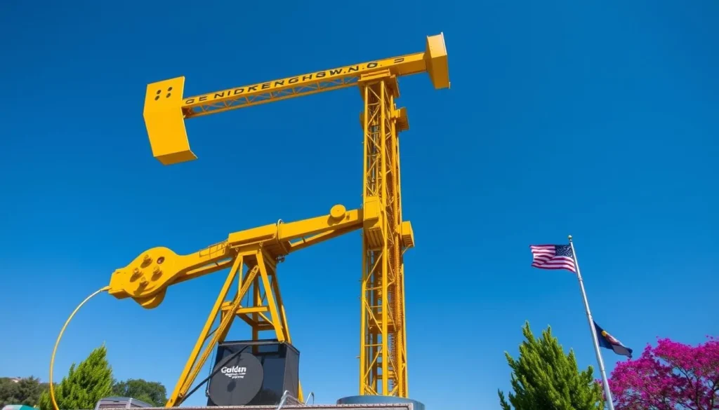 Generate an image of the Golden Driller, a 75-foot tall statue in Tulsa, Oklahoma.