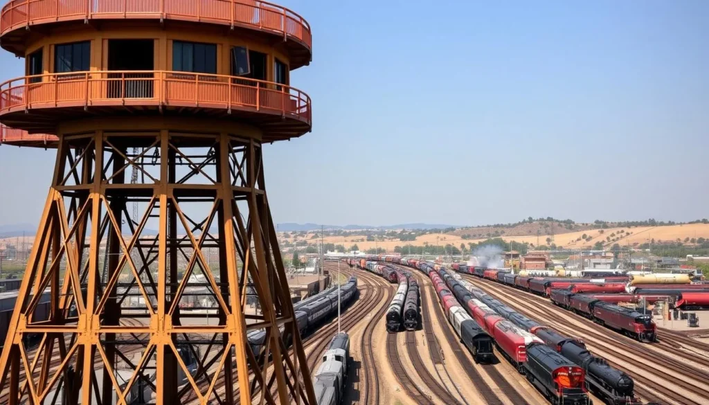 Generate an image of the Golden Spike Tower with trains in the classification yard below.