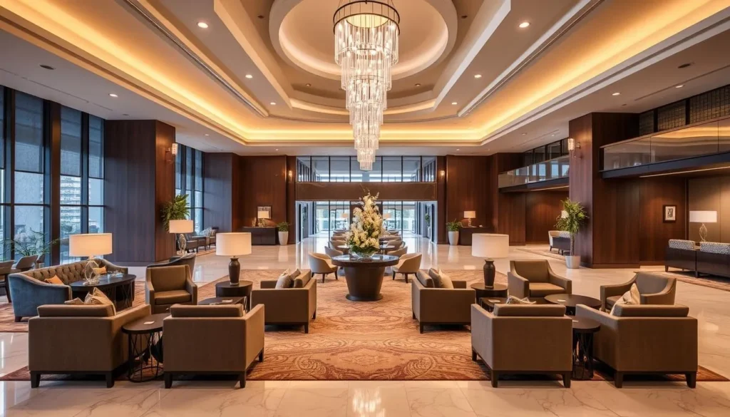 Generate an image of the Goma Serena Hotel's luxurious lobby with a modern design, comfortable seating areas, and a warm atmosphere.