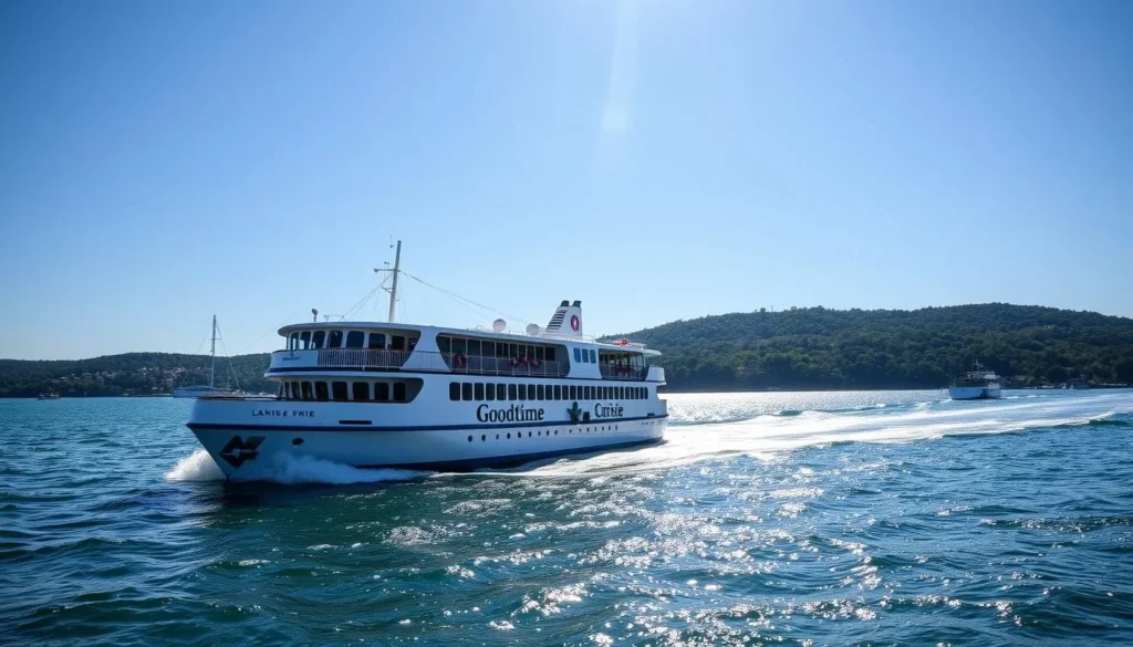 Generate an image of the Goodtime cruise ship sailing on Lake Erie with the Sandusky Bay in the background.