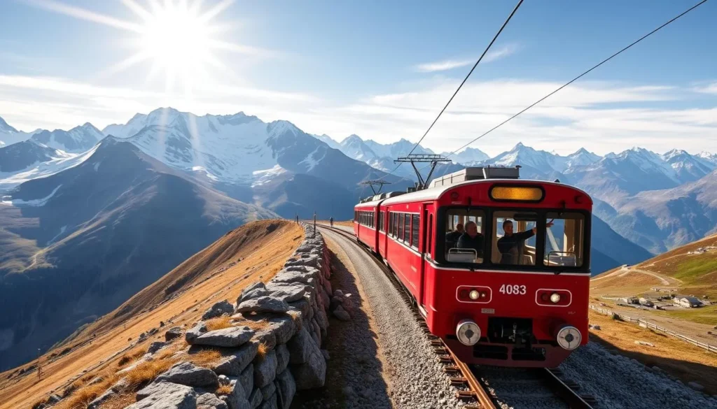 Generate an image of the Gornergrat Railway train traveling through the Swiss Alps.