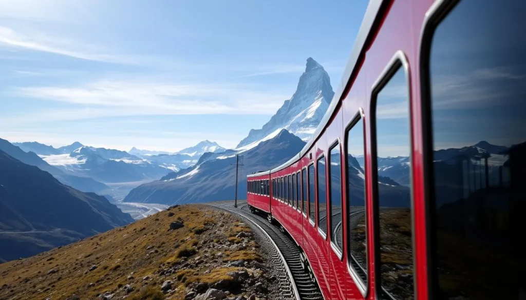 Generate an image of the Gornergrat railway train ascending to the Gornergrat summit with the Matterhorn in the background.