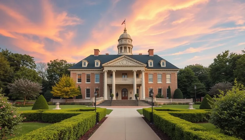 Generate an image of the Governor's Residence in Lincoln, Nebraska, showcasing its historic architecture and beautifully maintained gardens.