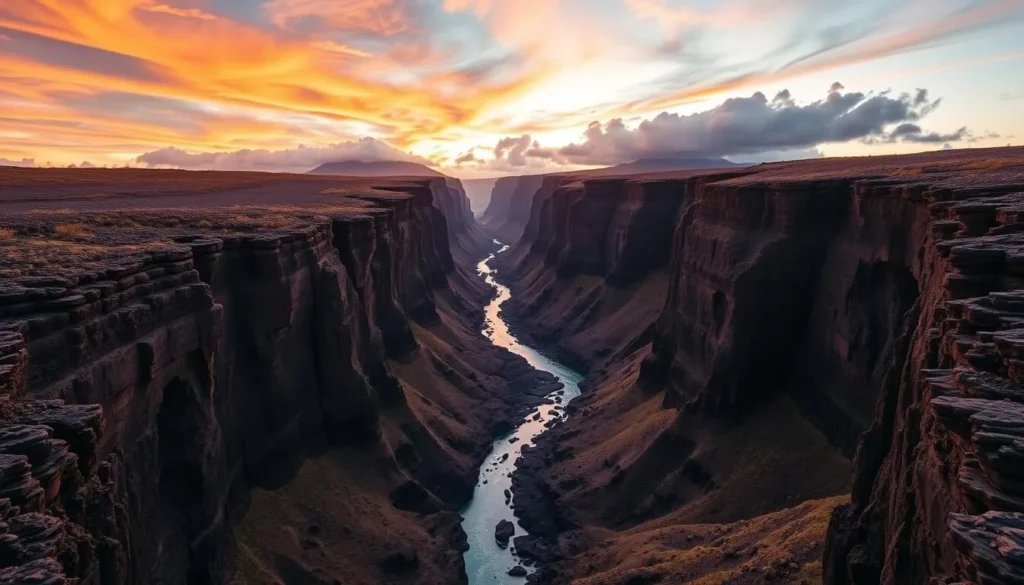 Generate an image of the Grand Canyon of Nuku Hiva with a dramatic narrow creek zigzagging between towering volcanic cliffs.