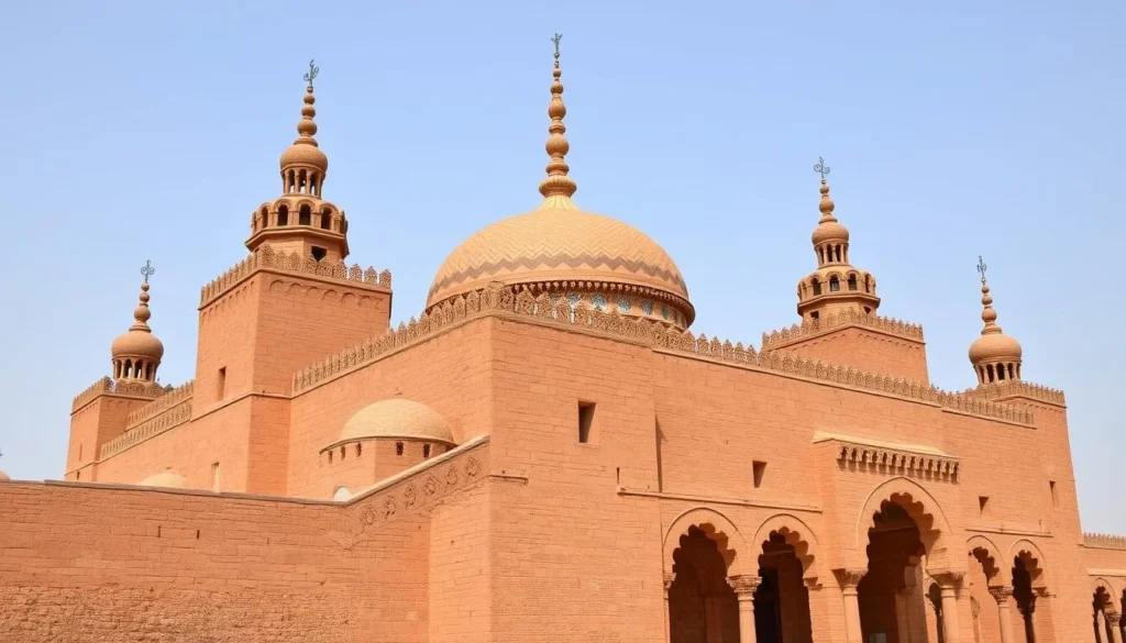 Generate an image of the Grande Mosquée de Bouaké, showcasing its Sudano-Sahelian architectural style with mud-brick construction and decorative spires.