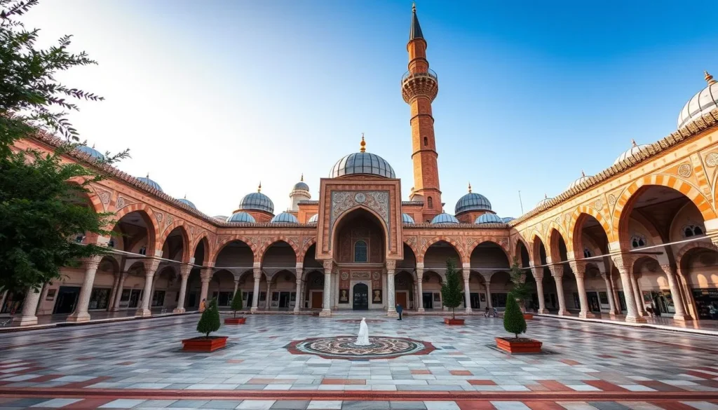 Generate an image of the Great Mosque of Safaqis, showcasing its distinctive minaret and beautiful courtyard.