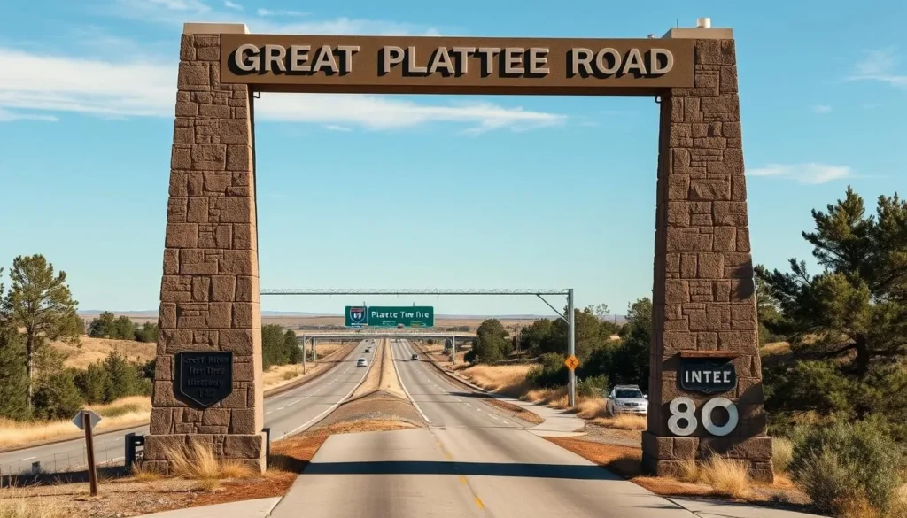 Generate an image of the Great Platte River Road Archway Monument with Interstate 80 in the background.
