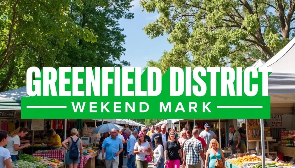 Generate an image of the Greenfield District Weekend Market, capturing its lively atmosphere and variety of vendors.