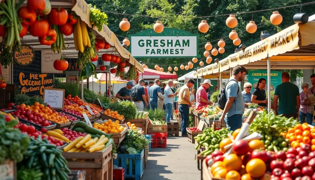 Generate an image of the Gresham Farmers Market with vibrant produce and local vendors.