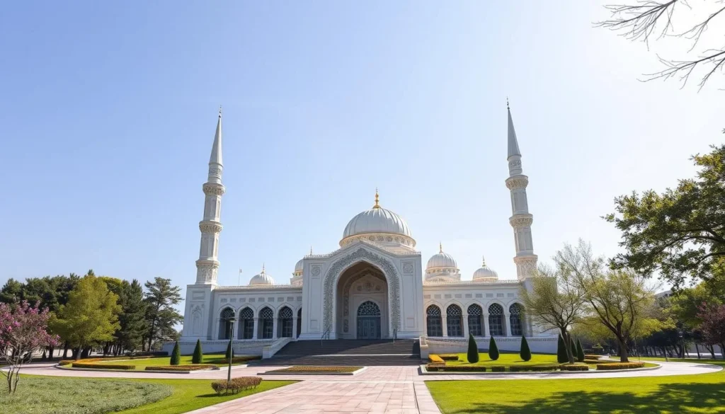 Generate an image of the Gypjak Mosque and Mausoleum in Ashgabat, showcasing its architectural beauty and serene surroundings.