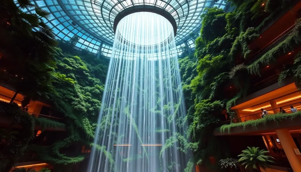 Generate an image of the HSBC Rain Vortex at Jewel Changi Airport, showcasing its seven-story indoor waterfall surrounded by a terraced forest setting.